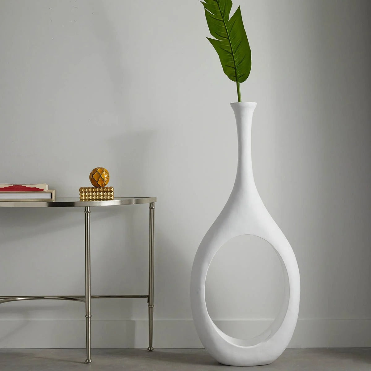 Tall Modern White Open Circle Cutout Floor Vase, 48 Inch