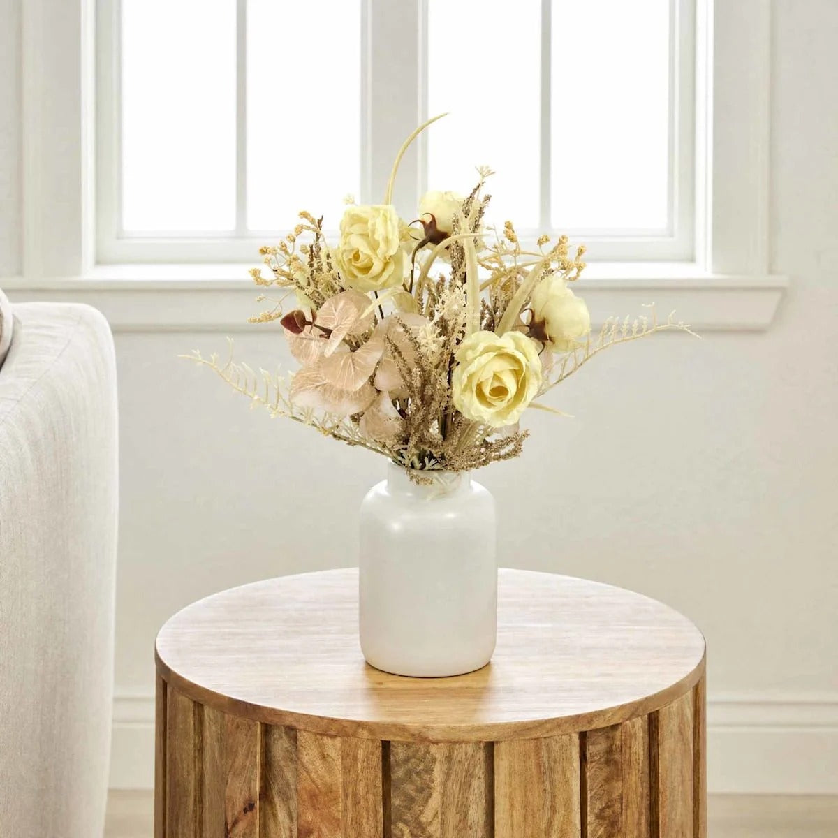 Artificial Rose And Heather Floral Arrangement, 15 Inch, White Ceramic Pot
