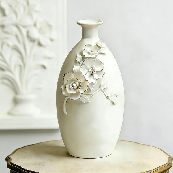 Sculpted Floral Ceramic Decorative Table Vase With Gold Rim, 11 Inch