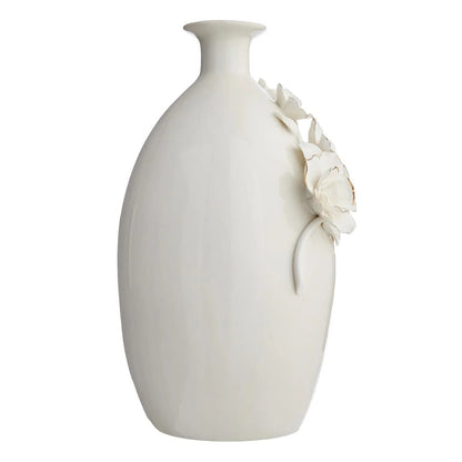 Sculpted Floral Ceramic Decorative Table Vase With Gold Rim, 11 Inch