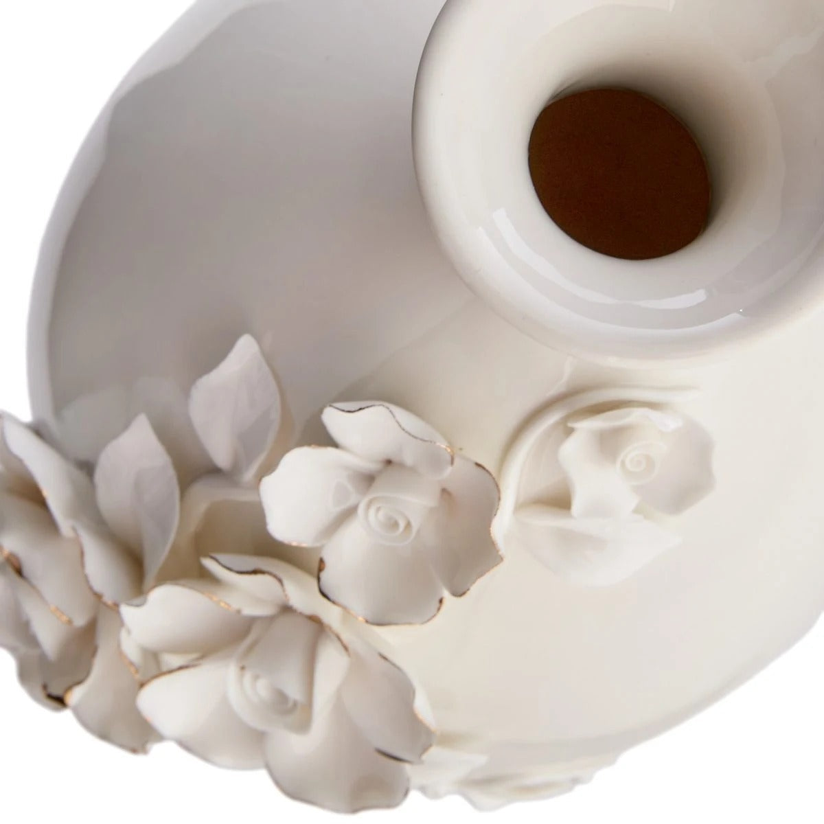 Sculpted Floral Ceramic Decorative Table Vase With Gold Rim, 11 Inch