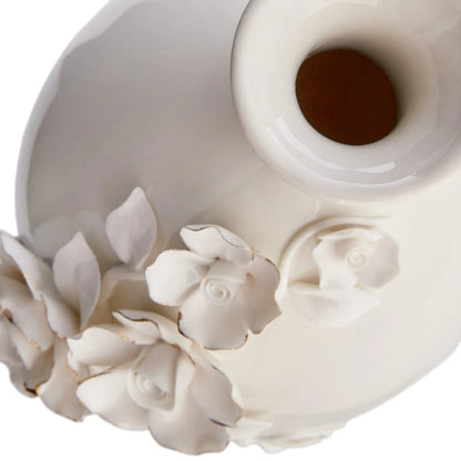 Sculpted Floral Ceramic Decorative Table Vase With Gold Rim, 11 Inch
