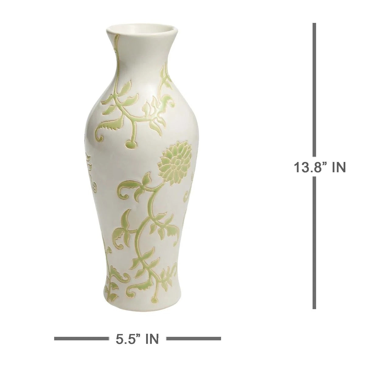 White Ceramic Urn Vase With Green Floral Print, 13.6 Inch