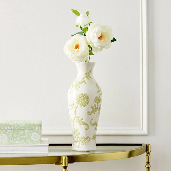 White Ceramic Urn Vase With Green Floral Print, 13.6 Inch