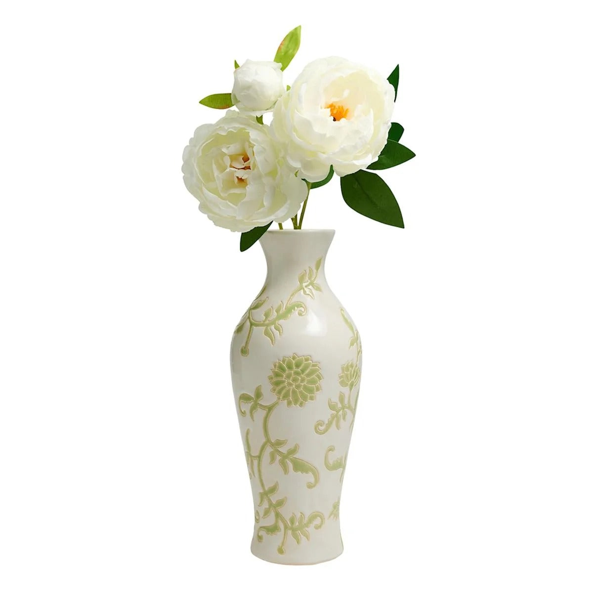 White Ceramic Urn Vase With Green Floral Print, 13.6 Inch