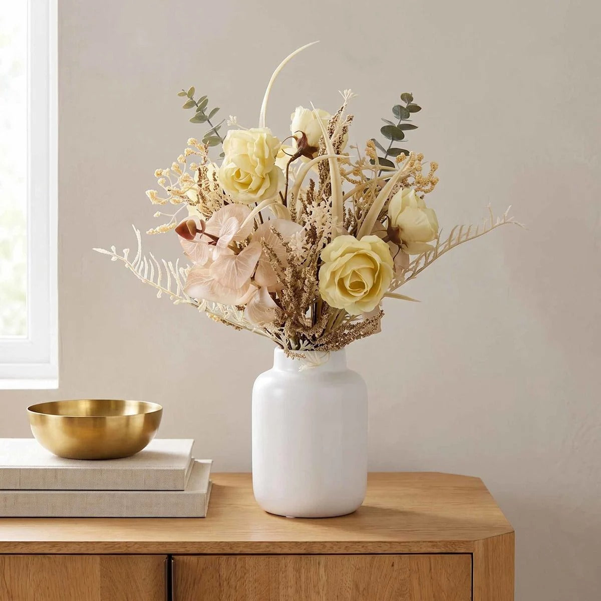 Artificial Rose And Heather Floral Arrangement, 15 Inch, White Ceramic Pot