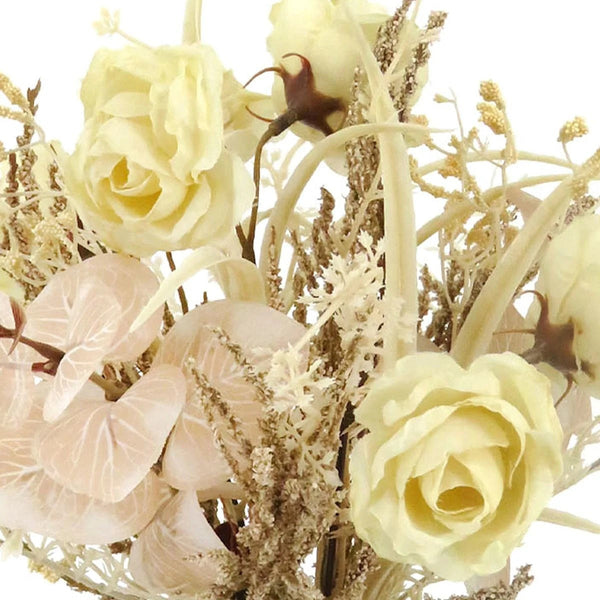 Artificial Rose And Heather Floral Arrangement, 15 Inch, White Ceramic Pot
