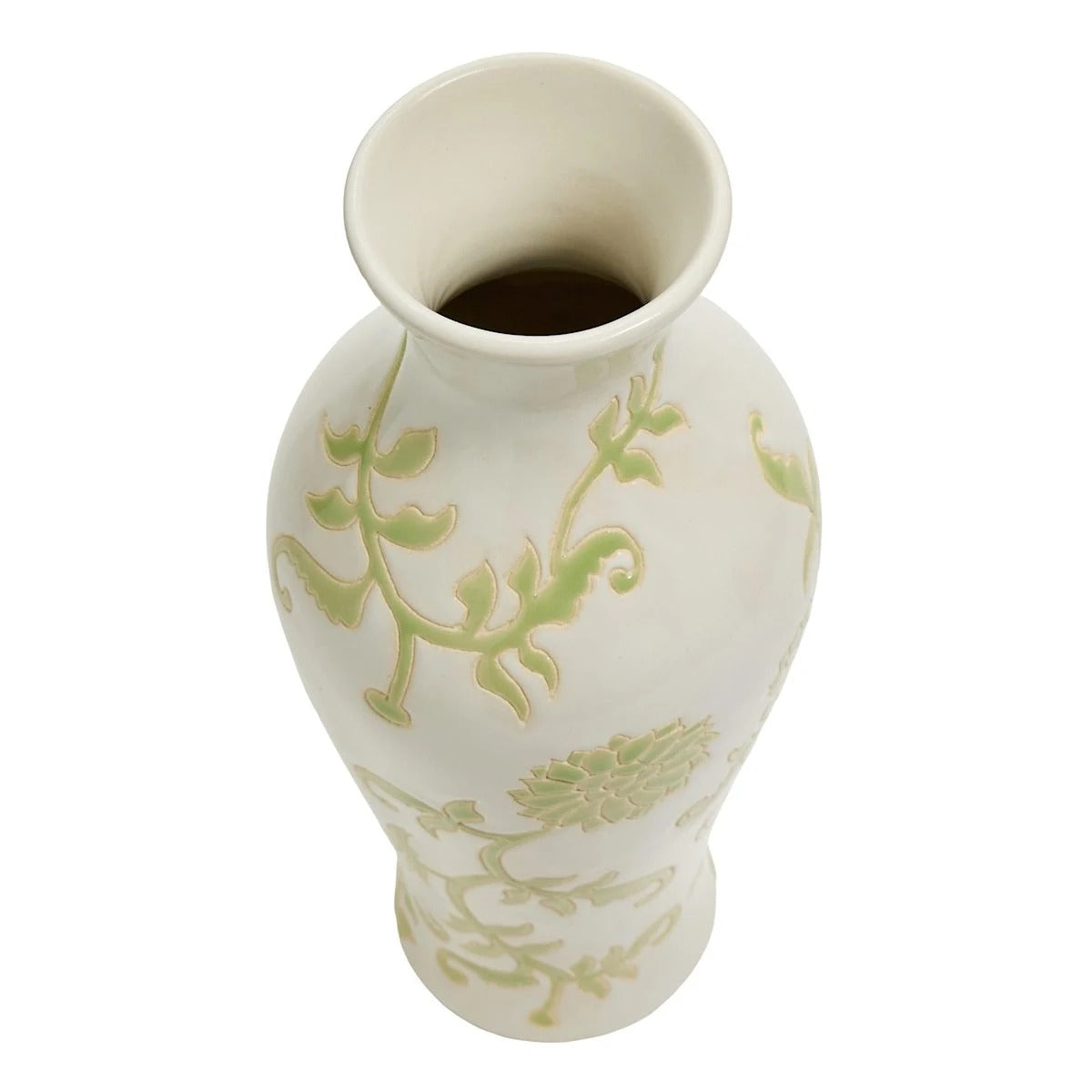 White Ceramic Urn Vase With Green Floral Print, 13.6 Inch