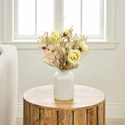 Artificial Rose And Heather Floral Arrangement, 15 Inch, White Ceramic Pot