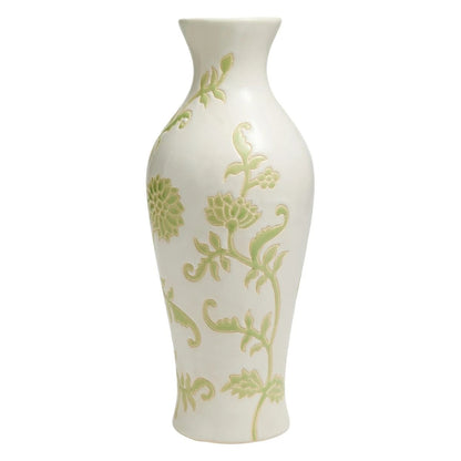 White Ceramic Urn Vase With Green Floral Print, 13.6 Inch
