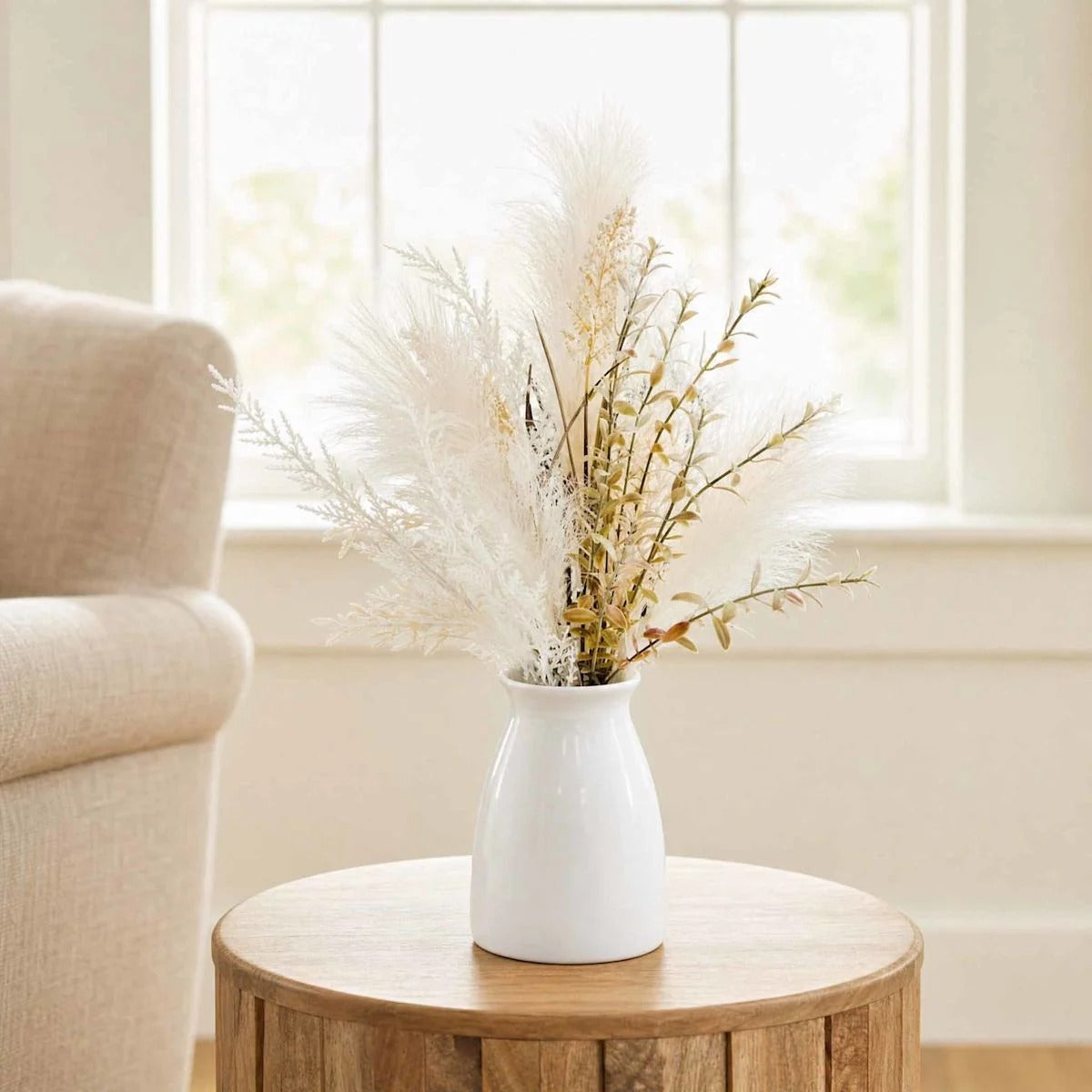 Artificial Pampas And Wheat Floral Arrangement, 18 Inch, Ceramic Pot