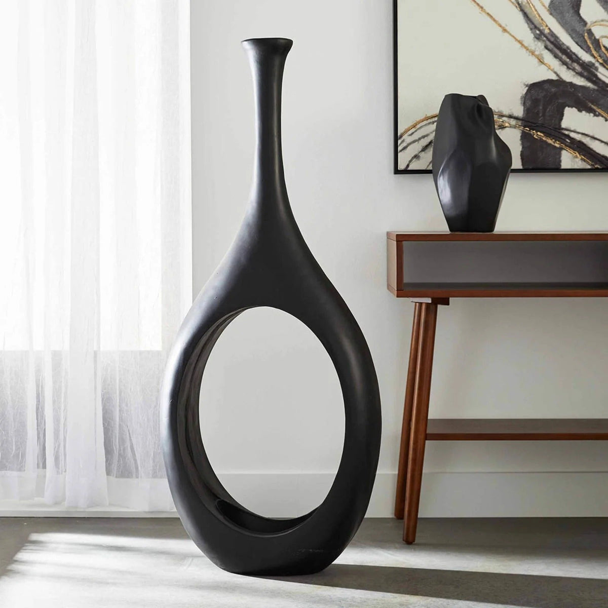 Modern Black Magnesium Oxide Open Circle Floor Vase, 48 Inch
