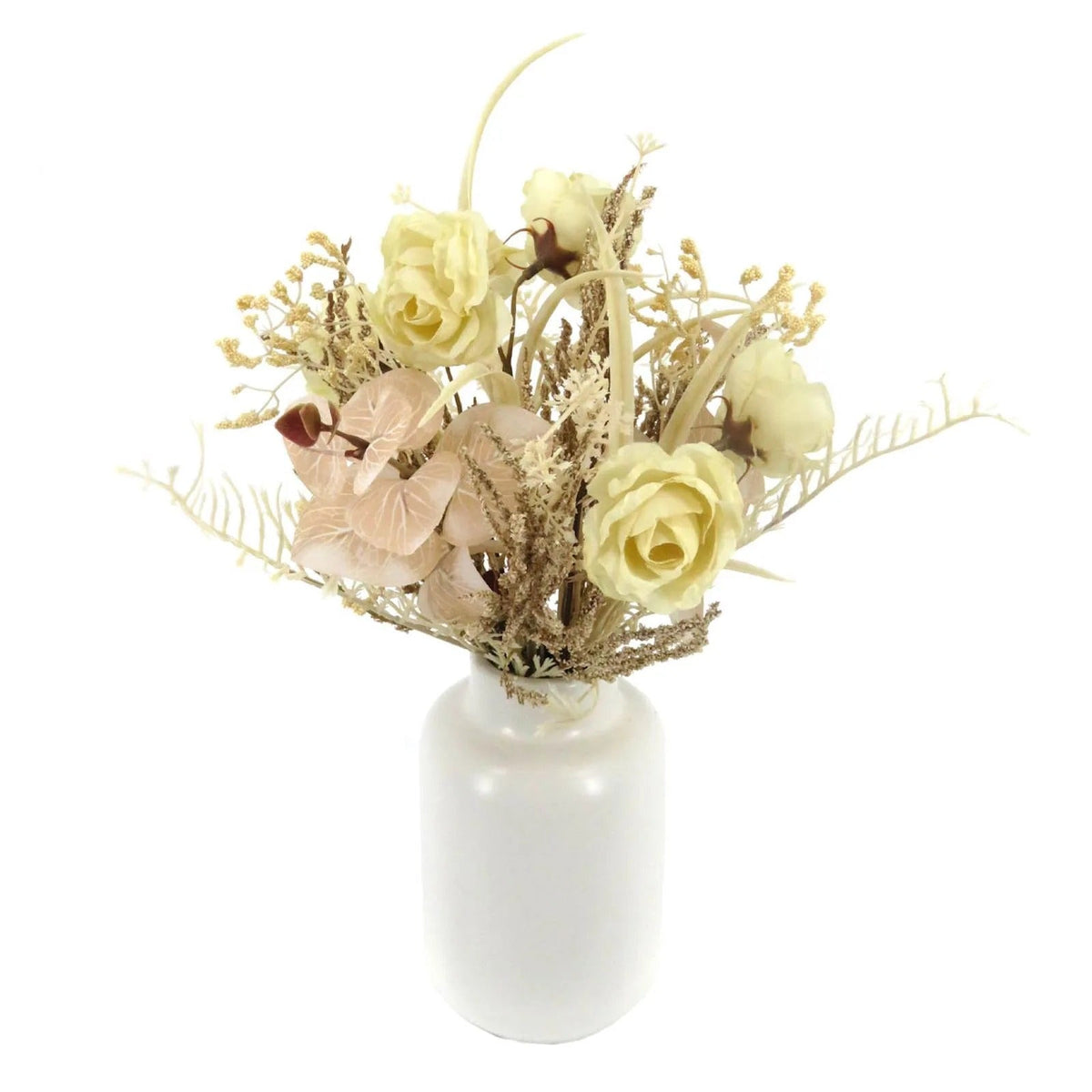 Artificial Rose And Heather Floral Arrangement, 15 Inch, White Ceramic Pot