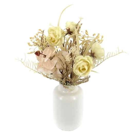 Artificial Rose And Heather Floral Arrangement, 15 Inch, White Ceramic Pot