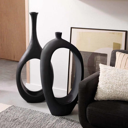 Modern Black Magnesium Oxide Open Circle Floor Vase, 48 Inch