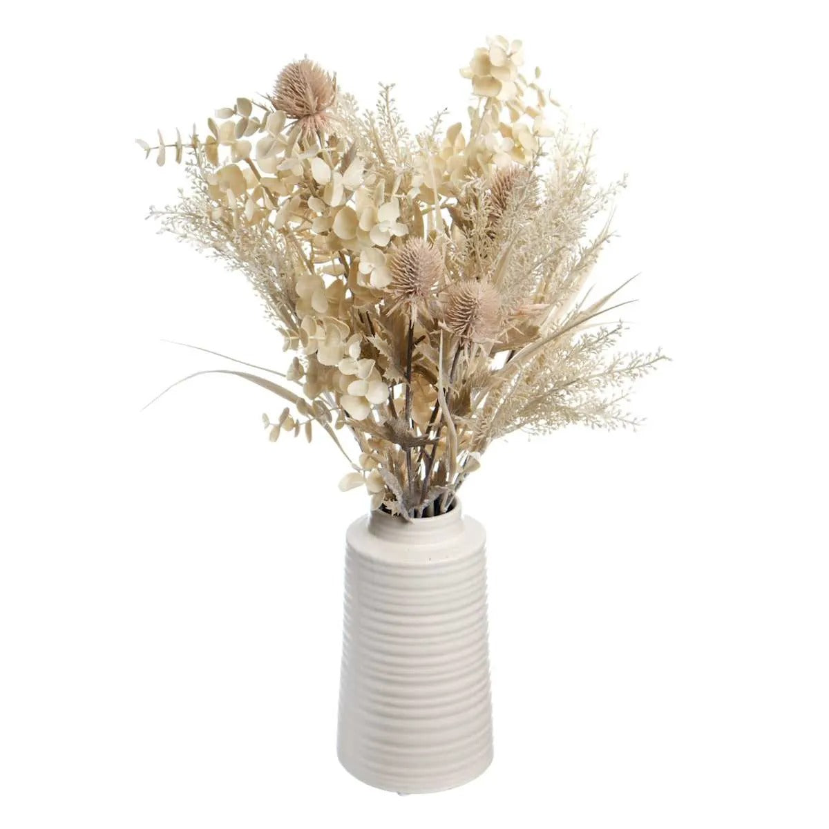 Artificial Thistle And Eucalyptus Floral Arrangement, 20 Inch, White Pot