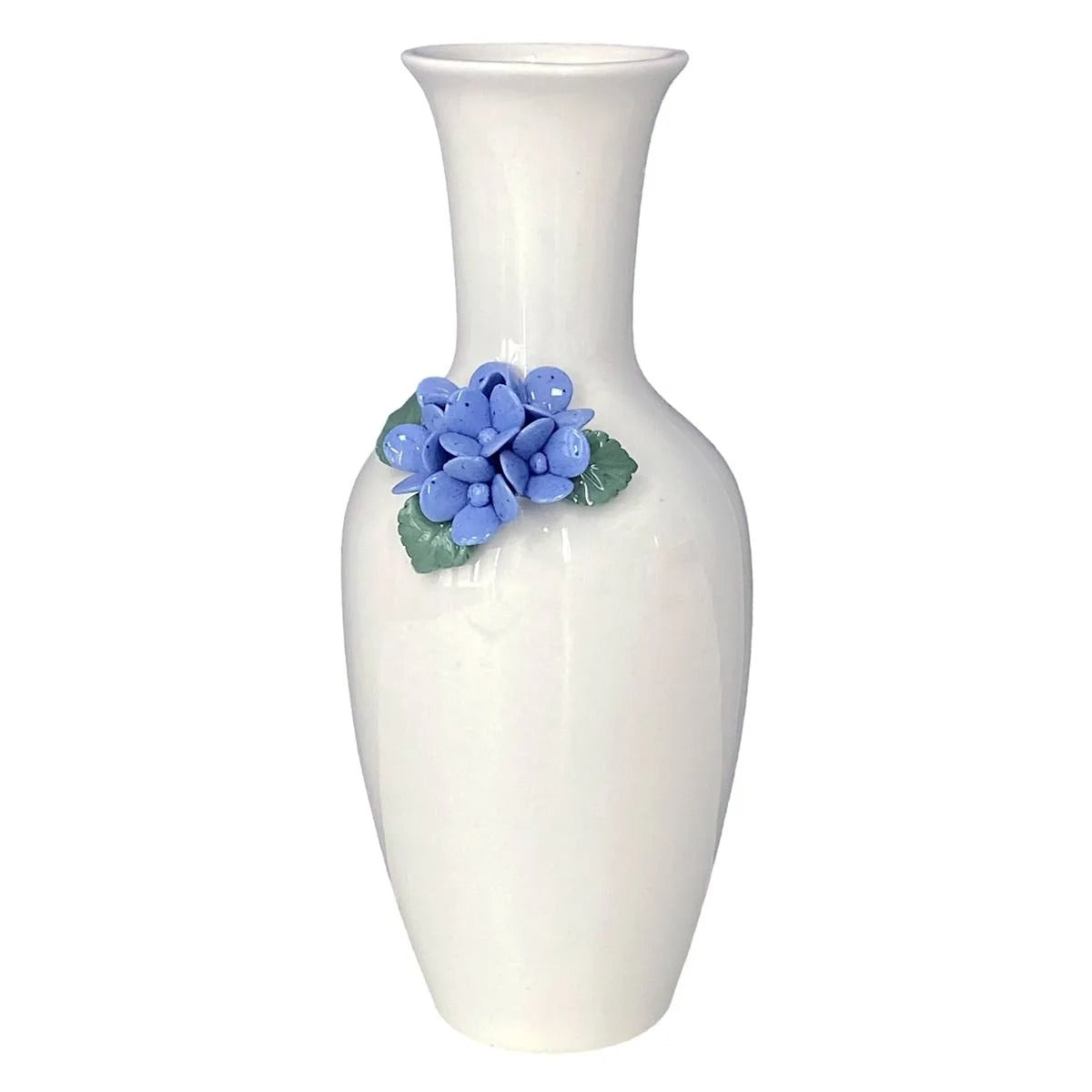 Decorative White Ceramic Tabletop Flower Vase With 3D Floral Accents, 9.5 Inch