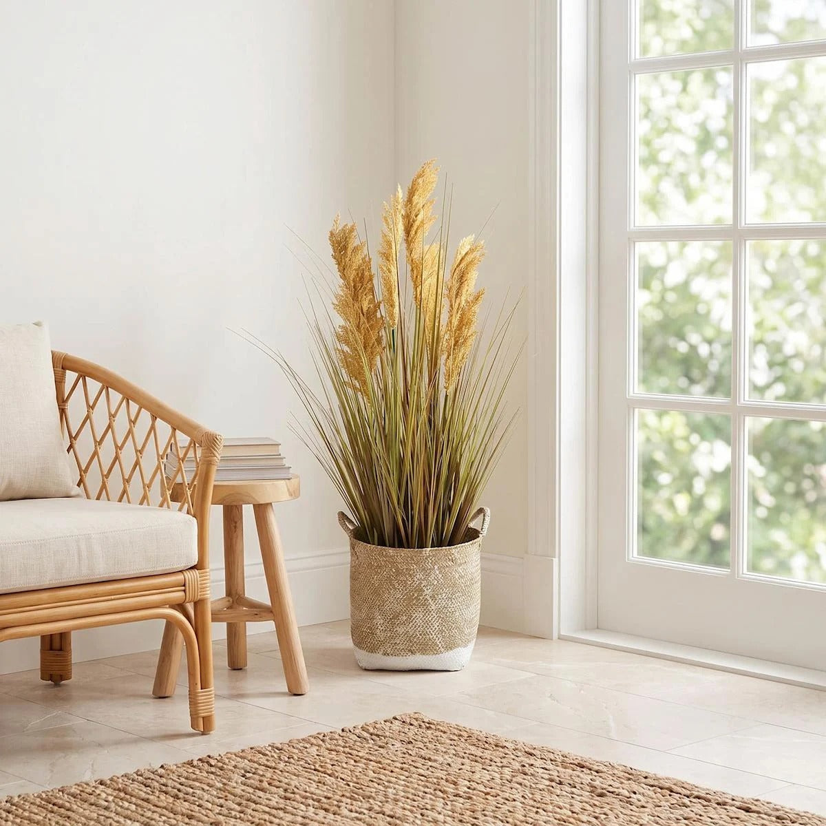 Artificial Onion Grass Floor Plant With Woven Basket, 38.5 Inch