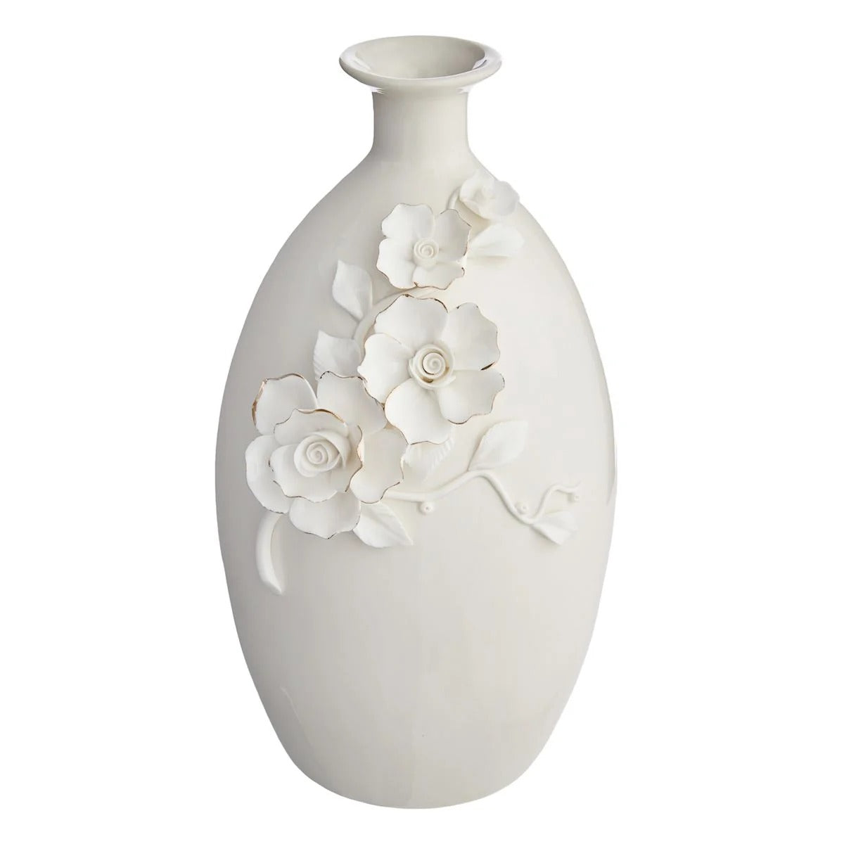 Sculpted Floral Ceramic Decorative Table Vase With Gold Rim, 11 Inch