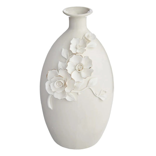 Sculpted Floral Ceramic Decorative Table Vase With Gold Rim, 11 Inch