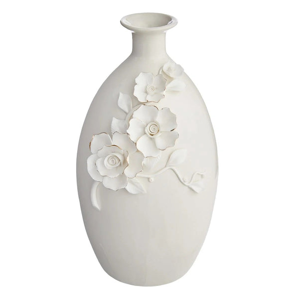 Sculpted Floral Ceramic Decorative Table Vase With Gold Rim, 11 Inch