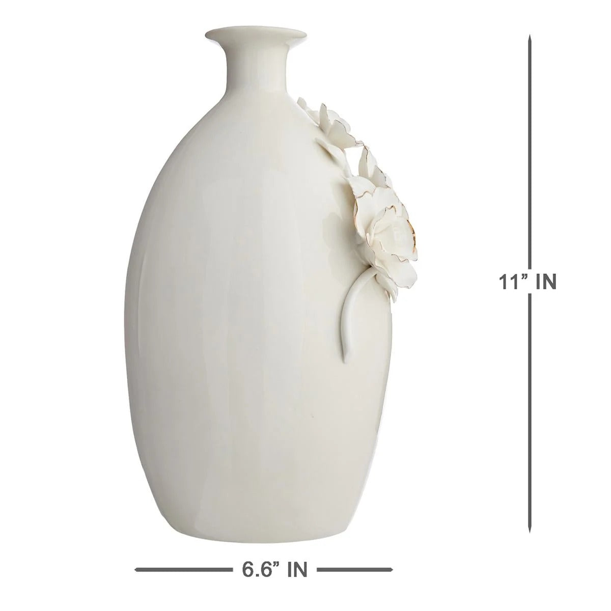 Sculpted Floral Ceramic Decorative Table Vase With Gold Rim, 11 Inch