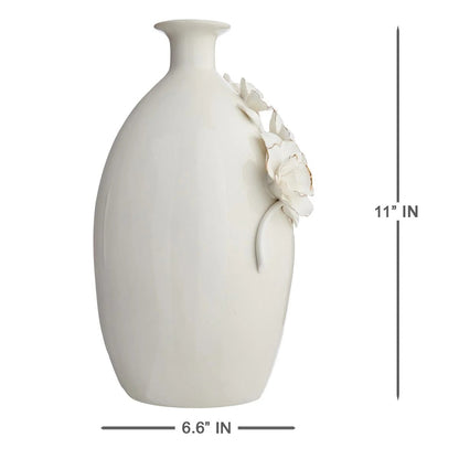 Sculpted Floral Ceramic Decorative Table Vase With Gold Rim, 11 Inch